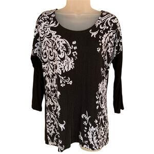 Laura Ashley Womens Tunic Top  Black & White Sz S Damask Print Floral Paisley
